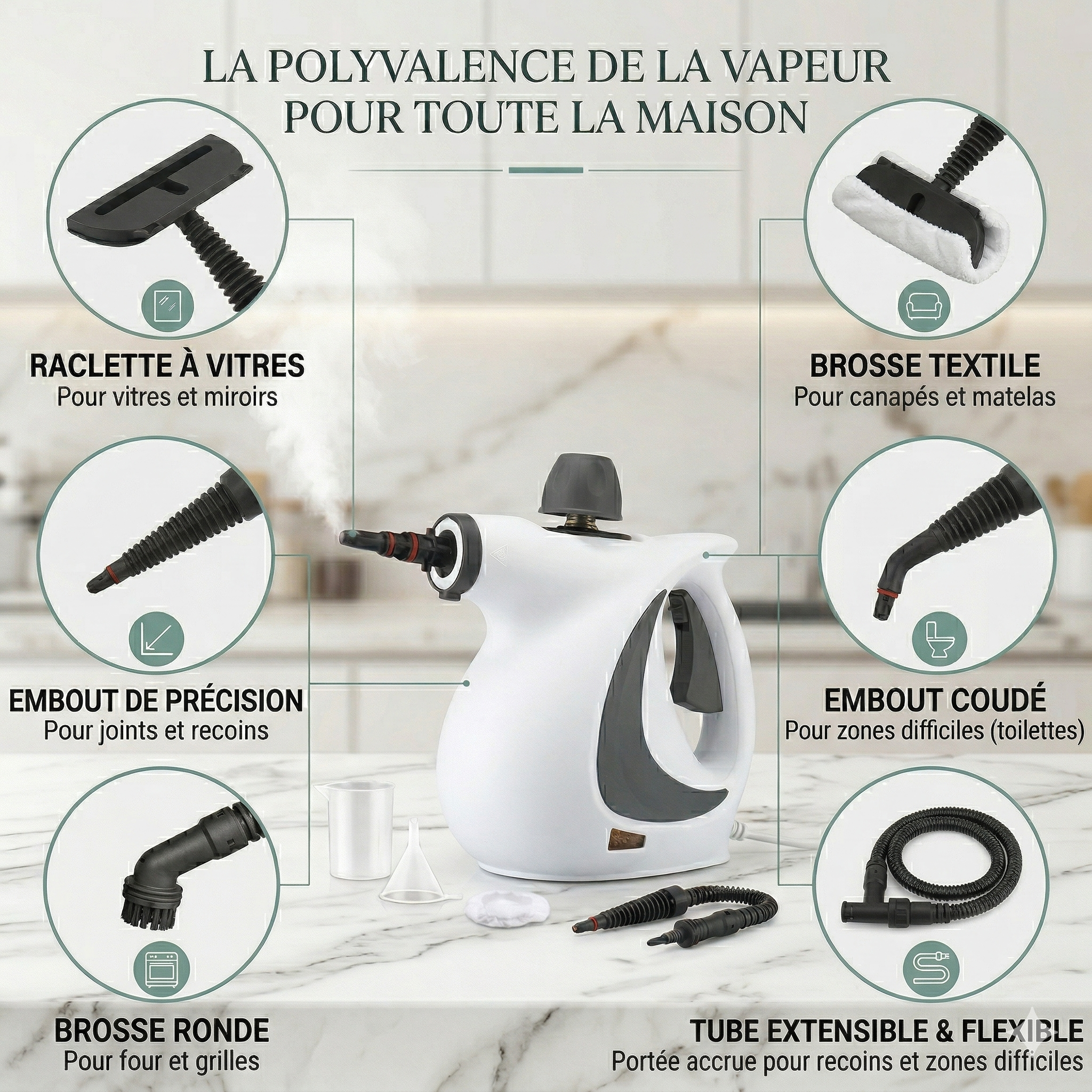 Nettoyeur à Vapeur Portatif 1050W 3 Bars | Machine Vapeur Multi-Surfaces