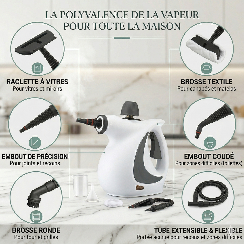 Nettoyeur à Vapeur Portatif 1050W 3 Bars | Machine Vapeur Multi-Surfaces