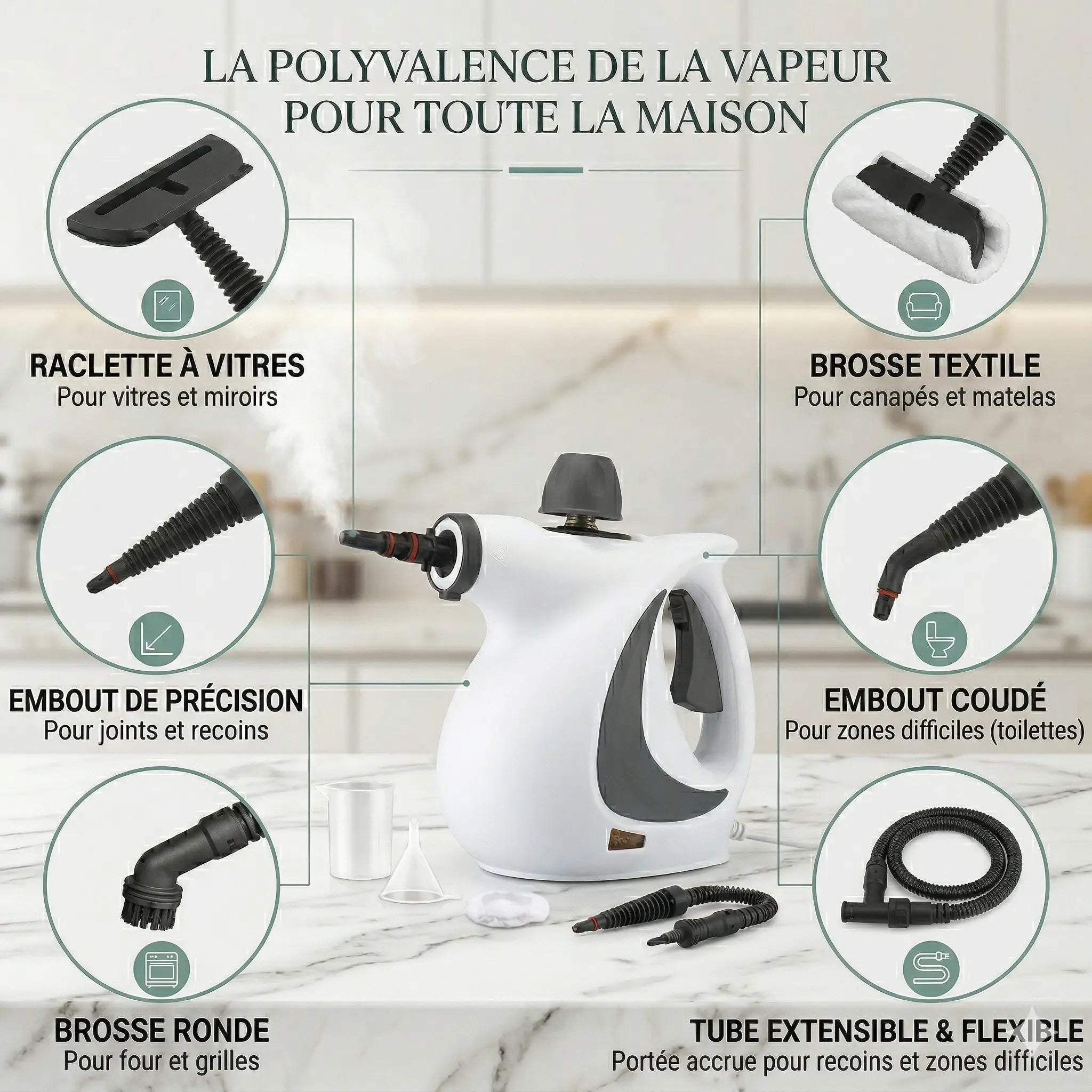 Nettoyeur à Vapeur Portatif 1050W 3 Bars | Machine Vapeur Multi-Surfaces